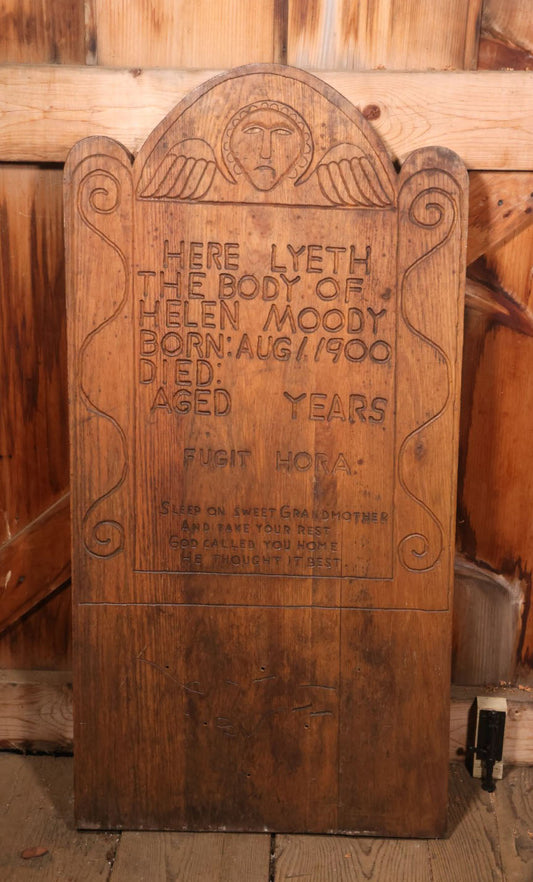 Vintage Folk Art Carved Wooden Gravestone For Helen Moody, Born August 1, 1900, Handcrafted By James Moody Jr., Grandmother Memorial