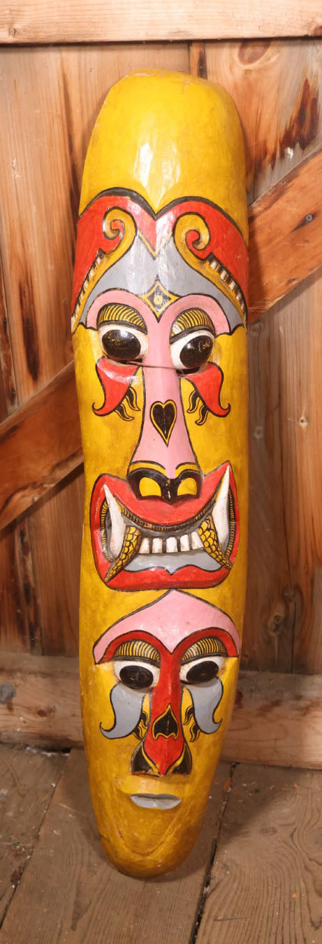 Large Vintage Hand Painted, Hand Carved Wooden Tribal Mask, Yellow And Read, Note Damage And Repair At Top