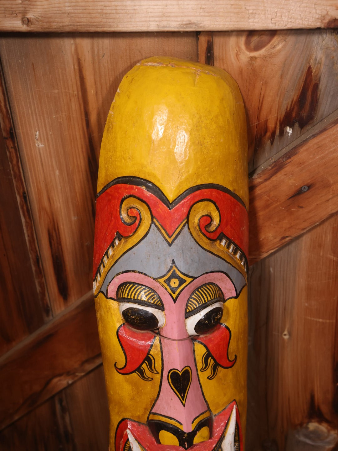 Large Vintage Hand Painted, Hand Carved Wooden Tribal Mask, Yellow And Read, Note Damage And Repair At Top