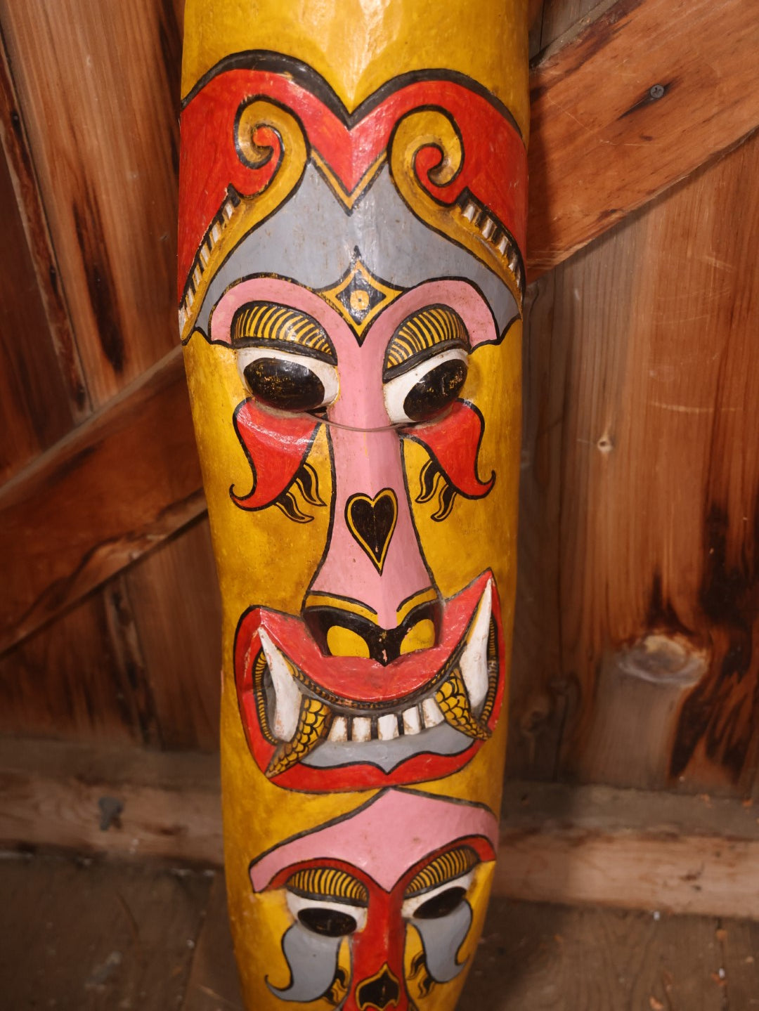 Large Vintage Hand Painted, Hand Carved Wooden Tribal Mask, Yellow And Read, Note Damage And Repair At Top