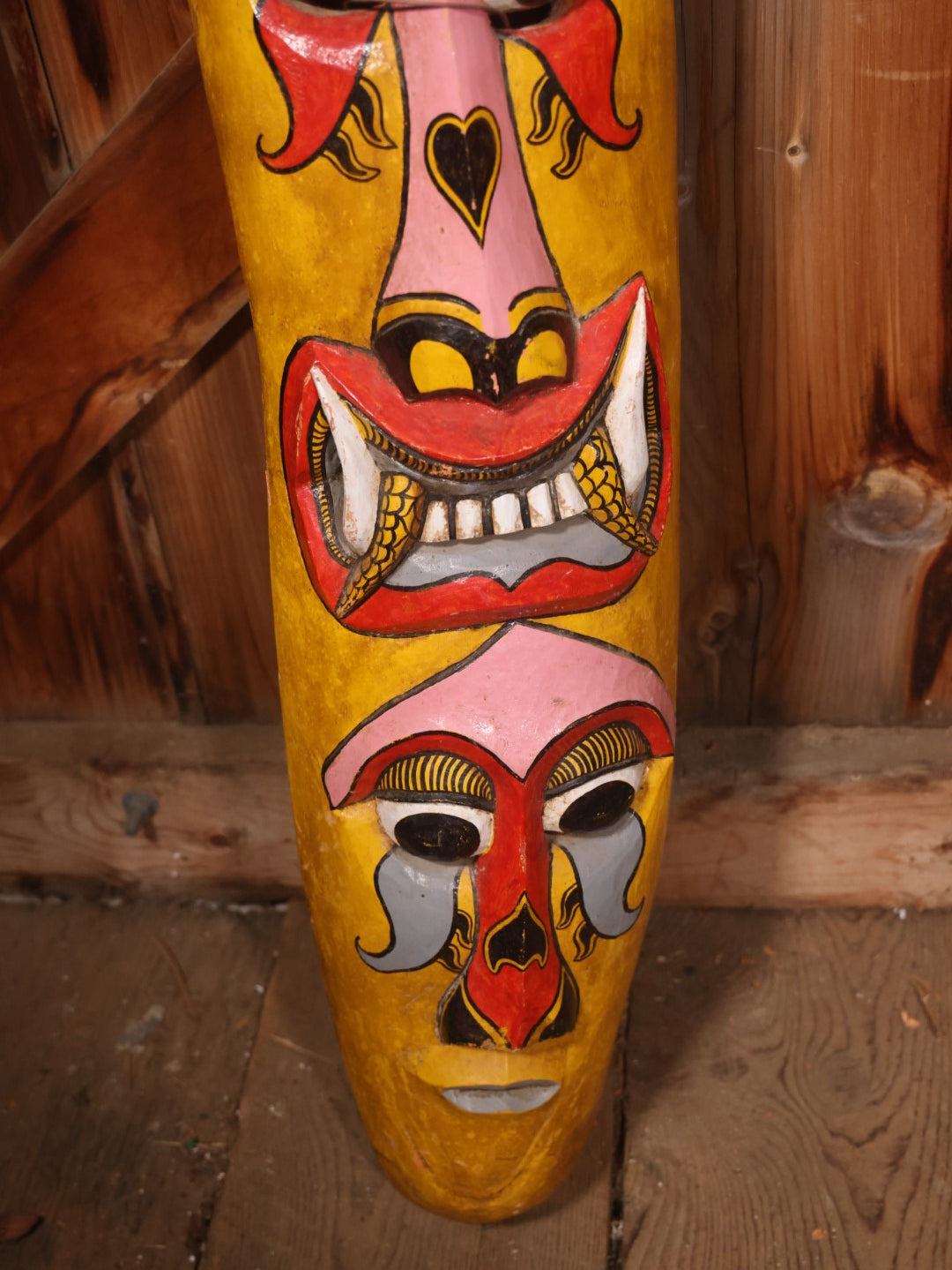 Large Vintage Hand Painted, Hand Carved Wooden Tribal Mask, Yellow And Read, Note Damage And Repair At Top