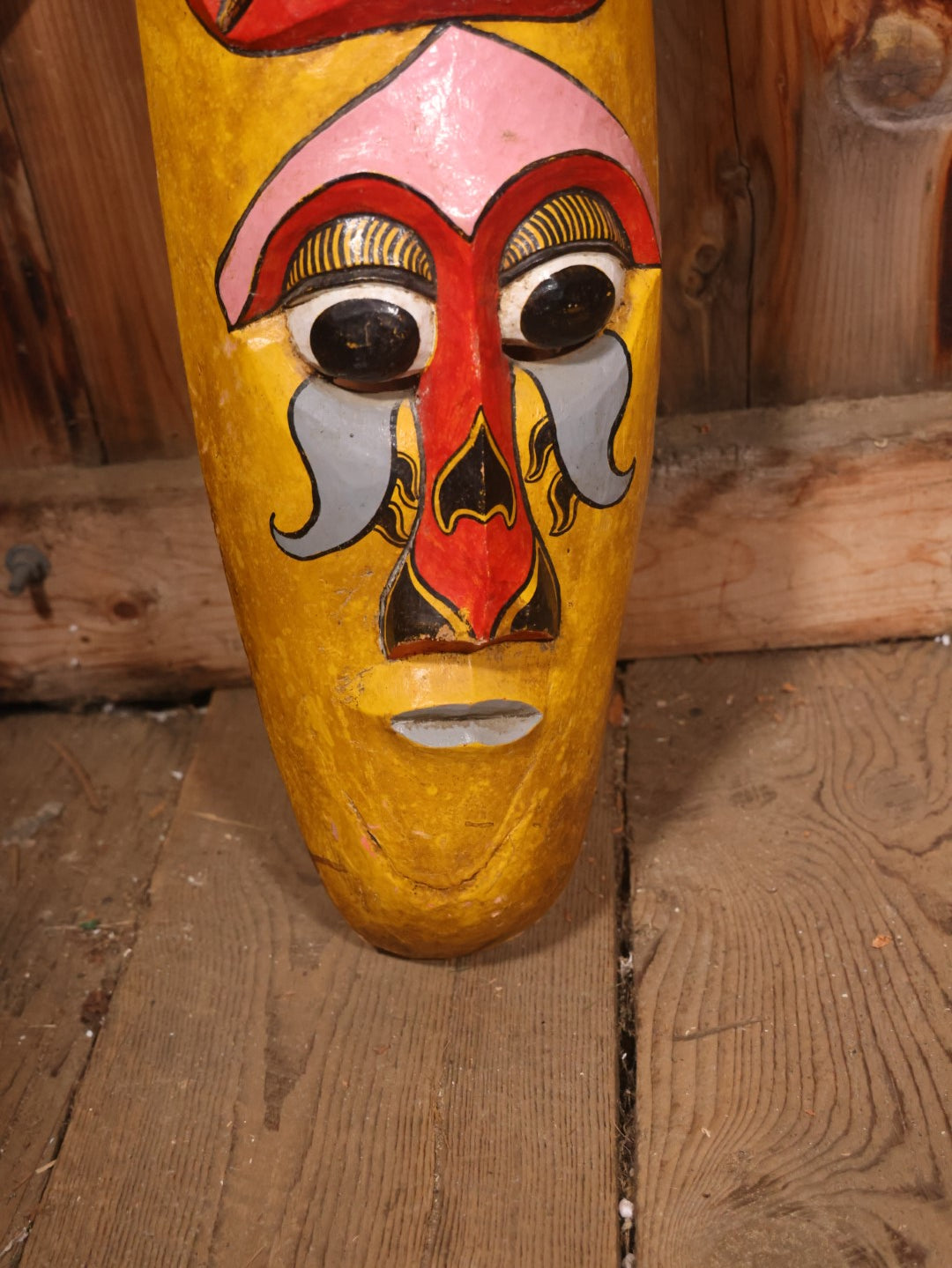 Large Vintage Hand Painted, Hand Carved Wooden Tribal Mask, Yellow And Read, Note Damage And Repair At Top