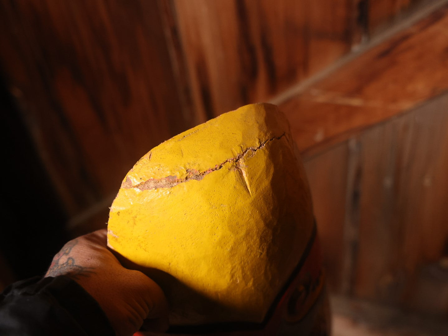 Large Vintage Hand Painted, Hand Carved Wooden Tribal Mask, Yellow And Read, Note Damage And Repair At Top