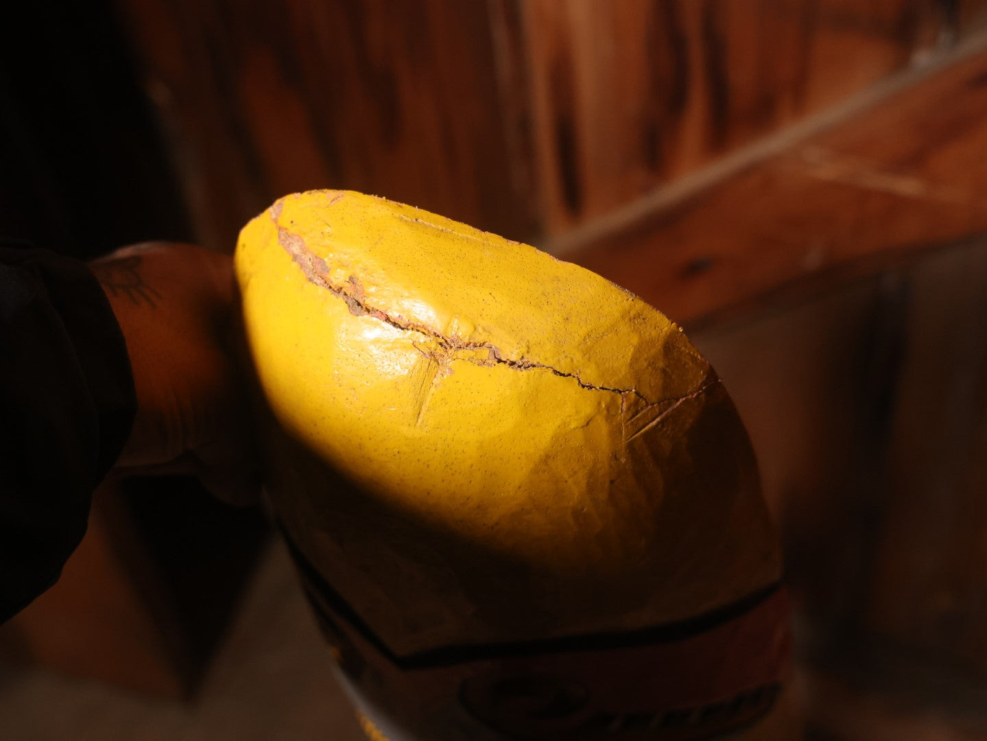 Large Vintage Hand Painted, Hand Carved Wooden Tribal Mask, Yellow And Read, Note Damage And Repair At Top