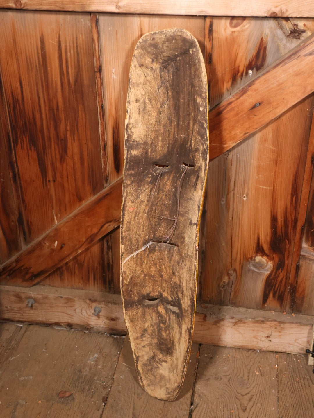 Large Vintage Hand Painted, Hand Carved Wooden Tribal Mask, Yellow And Read, Note Damage And Repair At Top