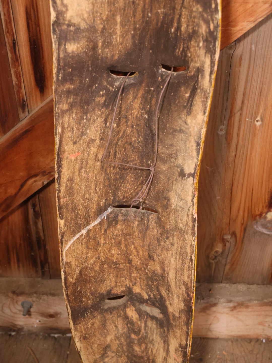 Large Vintage Hand Painted, Hand Carved Wooden Tribal Mask, Yellow And Read, Note Damage And Repair At Top