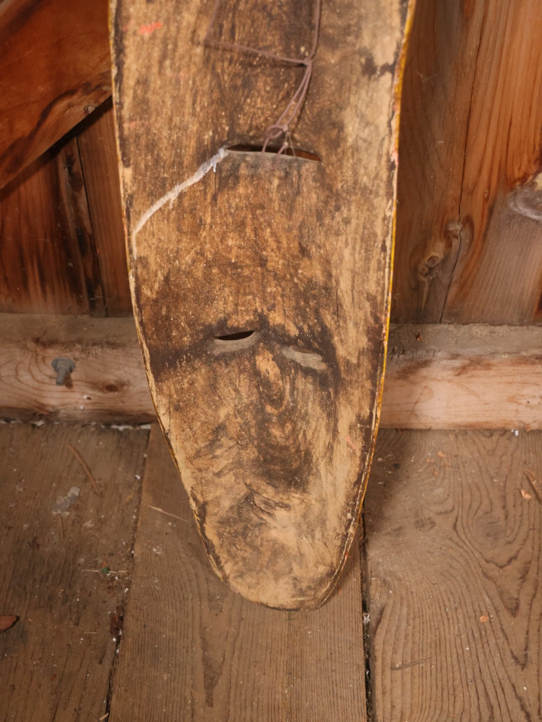 Large Vintage Hand Painted, Hand Carved Wooden Tribal Mask, Yellow And Read, Note Damage And Repair At Top