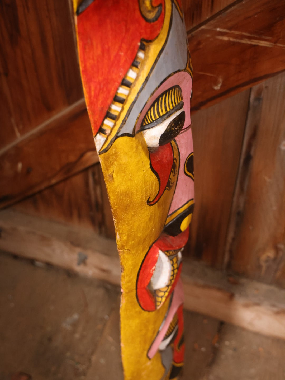 Large Vintage Hand Painted, Hand Carved Wooden Tribal Mask, Yellow And Read, Note Damage And Repair At Top