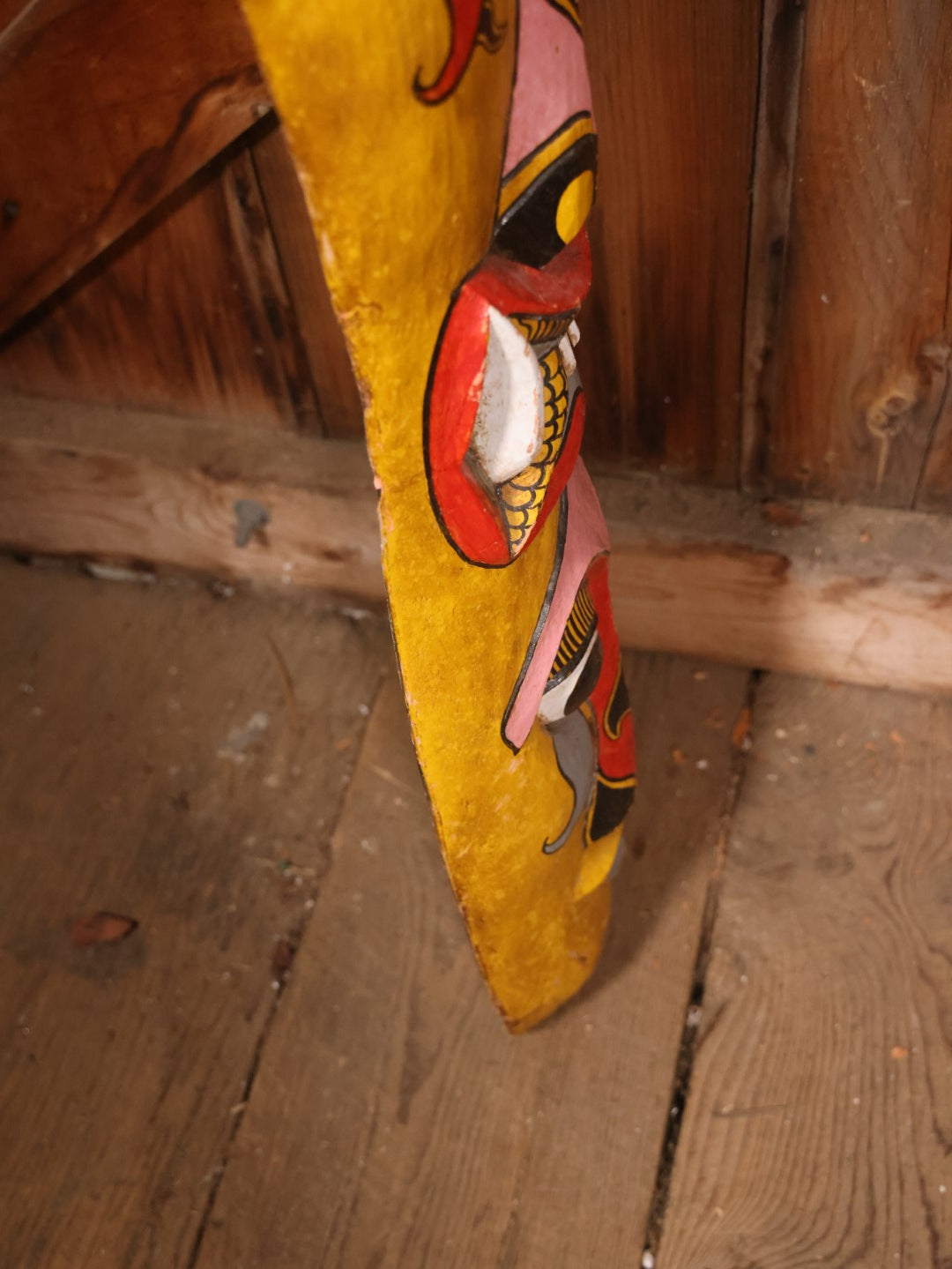 Large Vintage Hand Painted, Hand Carved Wooden Tribal Mask, Yellow And Read, Note Damage And Repair At Top