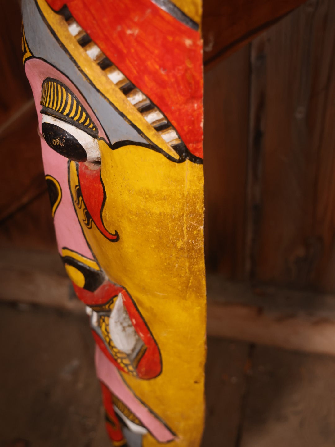 Large Vintage Hand Painted, Hand Carved Wooden Tribal Mask, Yellow And Read, Note Damage And Repair At Top