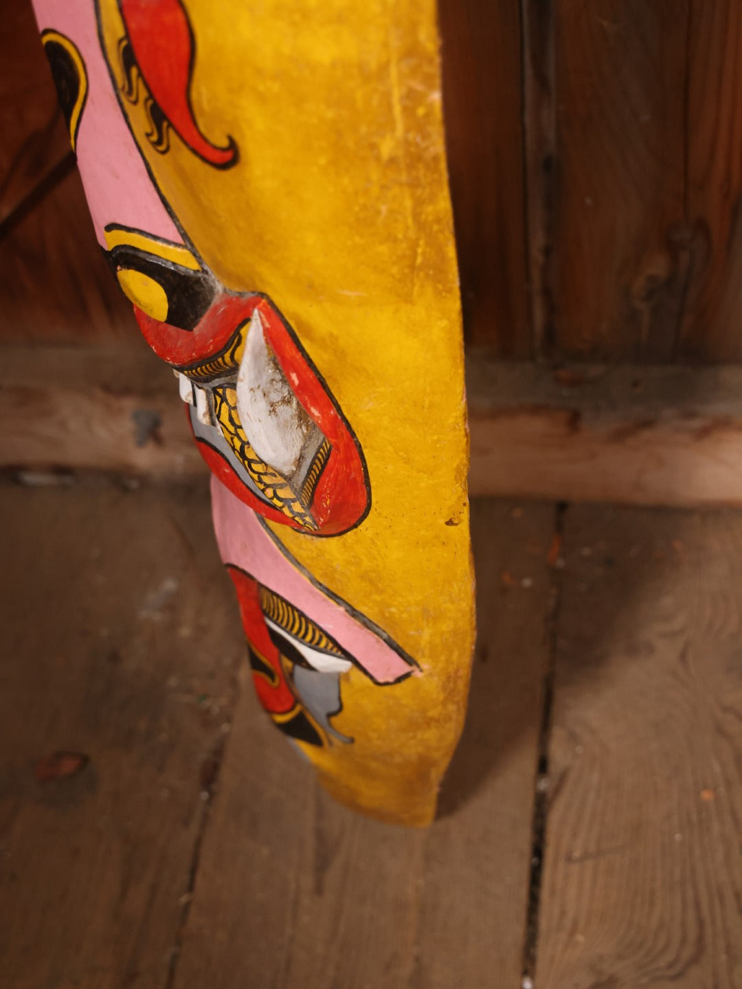 Large Vintage Hand Painted, Hand Carved Wooden Tribal Mask, Yellow And Read, Note Damage And Repair At Top