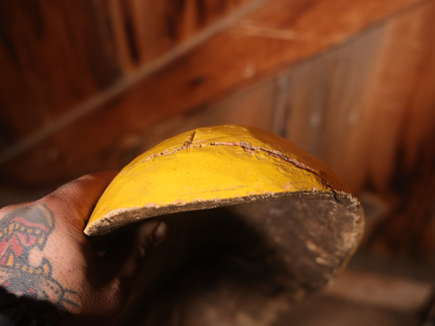 Large Vintage Hand Painted, Hand Carved Wooden Tribal Mask, Yellow And Read, Note Damage And Repair At Top