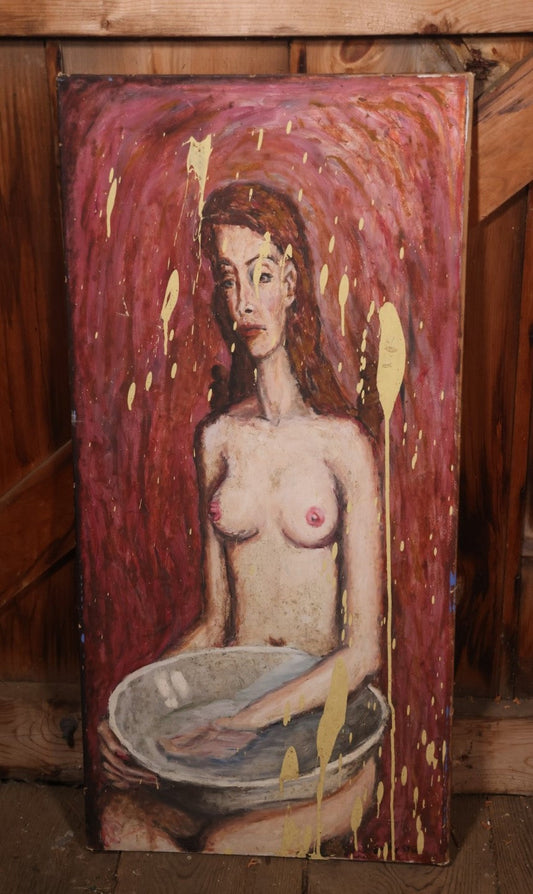 Odd Vintage Nude Oil On Canvas Painting Of A Woman With A Bowl On Her Lap, Artist Signed, With Paint Splatter