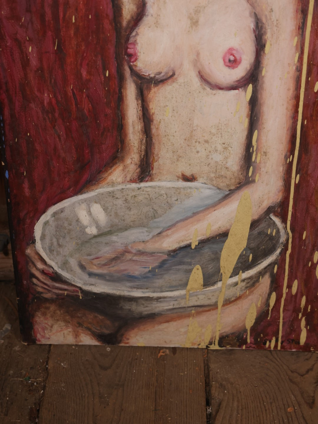 Odd Vintage Nude Oil On Canvas Painting Of A Woman With A Bowl On Her Lap, Artist Signed, With Paint Splatter