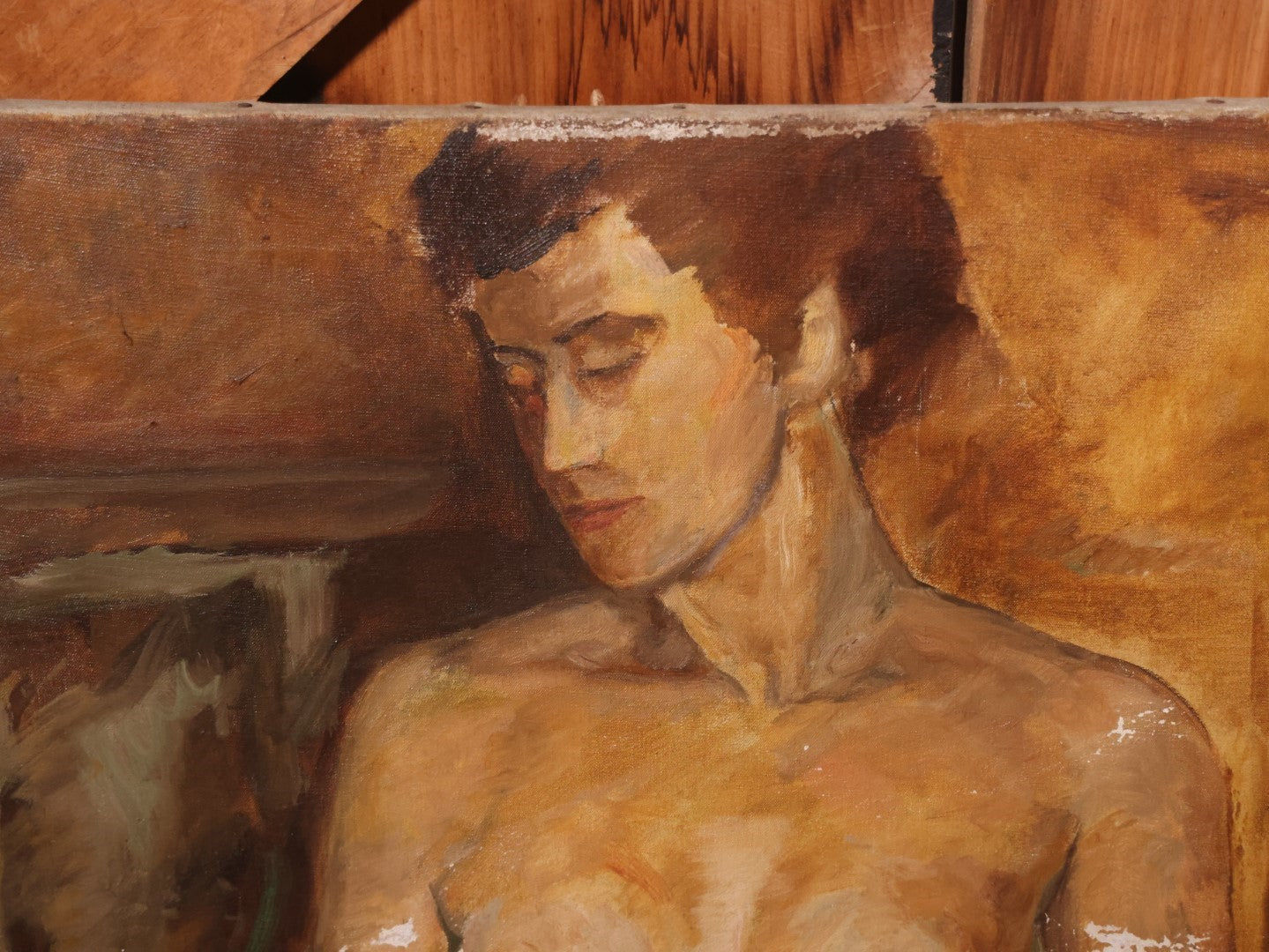 Vintage Nude Oil On Canvas Painting Of An Androgynous Woman, Note Losses To Paint, Likey From England