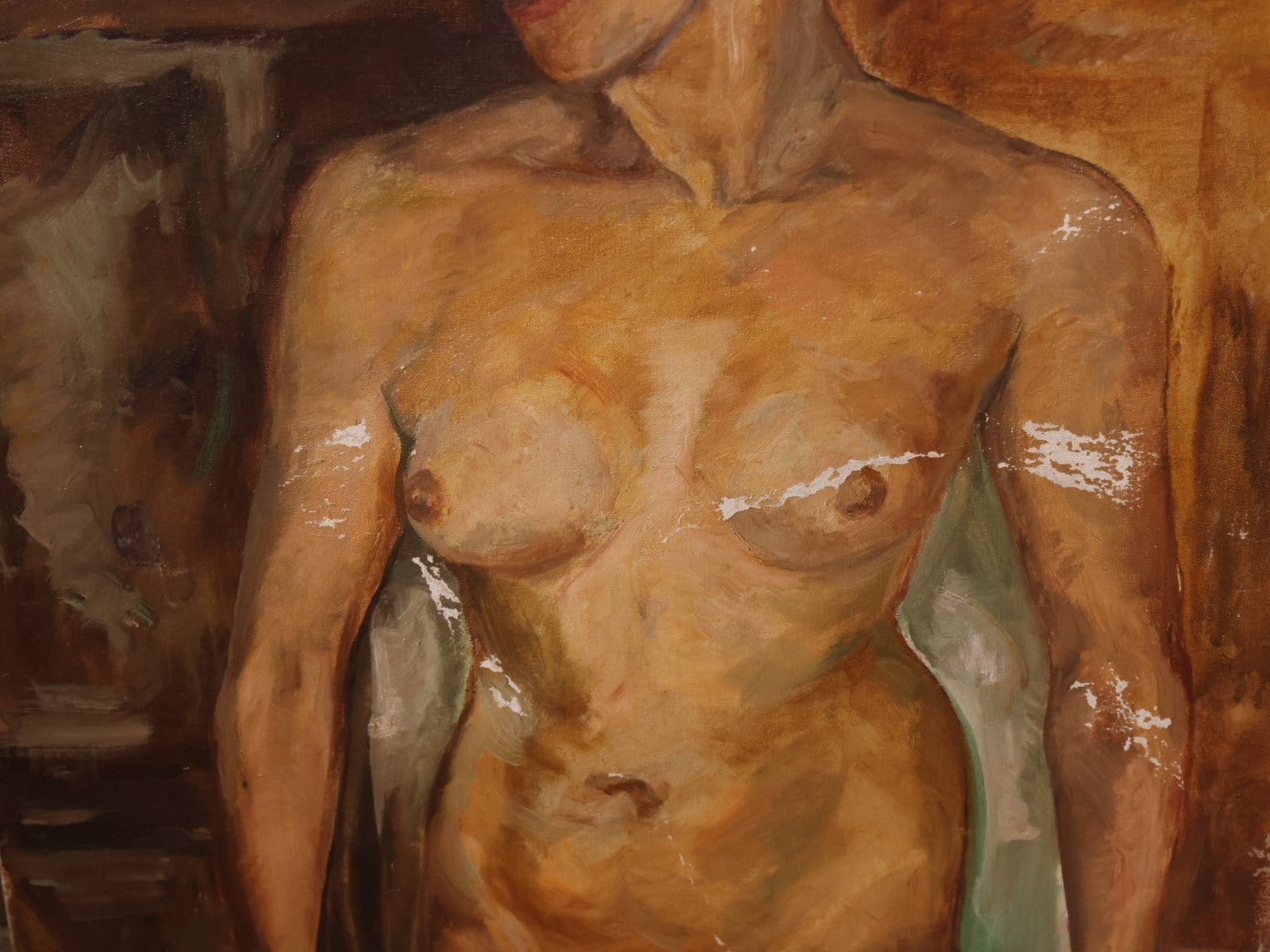 Vintage Nude Oil On Canvas Painting Of An Androgynous Woman, Note Losses To Paint, Likey From England