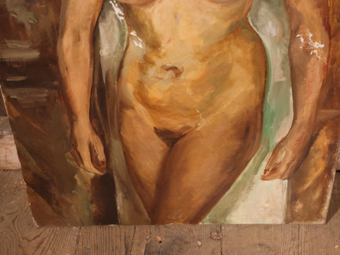 Vintage Nude Oil On Canvas Painting Of An Androgynous Woman, Note Losses To Paint, Likey From England