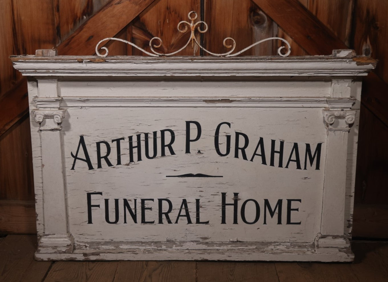 Vintage Hand Painted Wooden Sign From Arthur P. Graham Funeral Home, Woburn, Massachusetts, With Original Metal Ornamentation