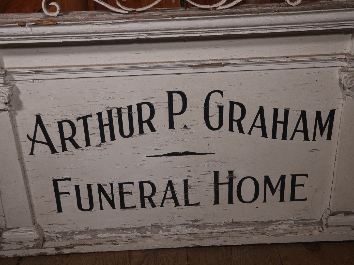 Vintage Hand Painted Wooden Sign From Arthur P. Graham Funeral Home, Woburn, Massachusetts, With Original Metal Ornamentation