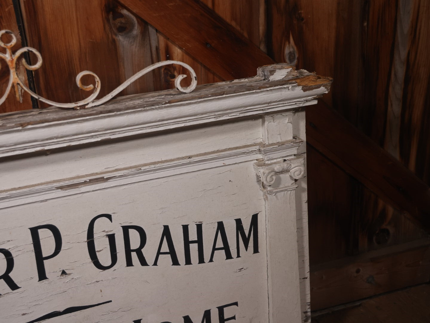 Vintage Hand Painted Wooden Sign From Arthur P. Graham Funeral Home, Woburn, Massachusetts, With Original Metal Ornamentation