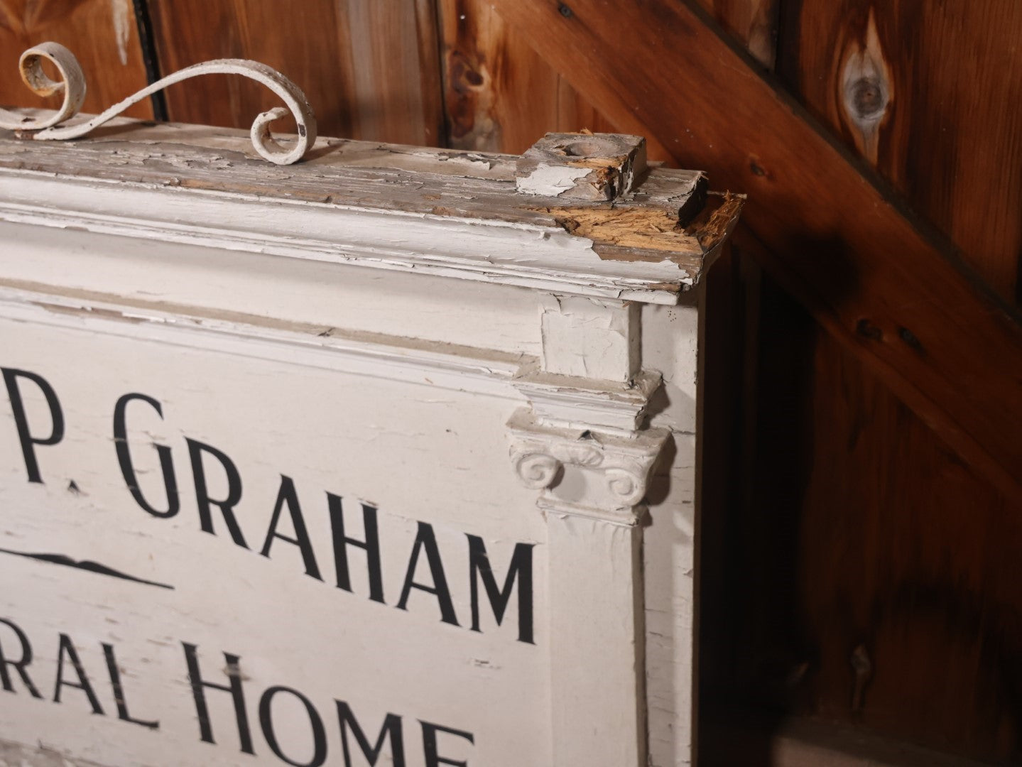 Vintage Hand Painted Wooden Sign From Arthur P. Graham Funeral Home, Woburn, Massachusetts, With Original Metal Ornamentation