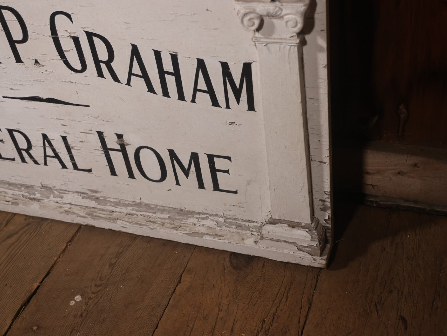 Vintage Hand Painted Wooden Sign From Arthur P. Graham Funeral Home, Woburn, Massachusetts, With Original Metal Ornamentation