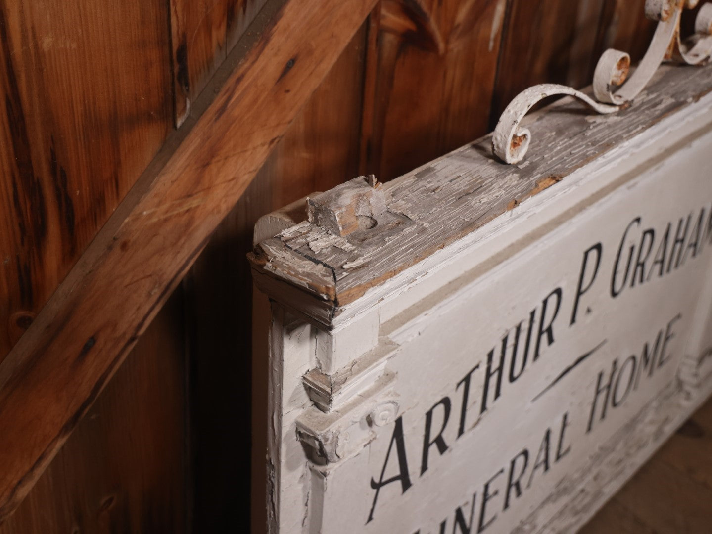 Vintage Hand Painted Wooden Sign From Arthur P. Graham Funeral Home, Woburn, Massachusetts, With Original Metal Ornamentation