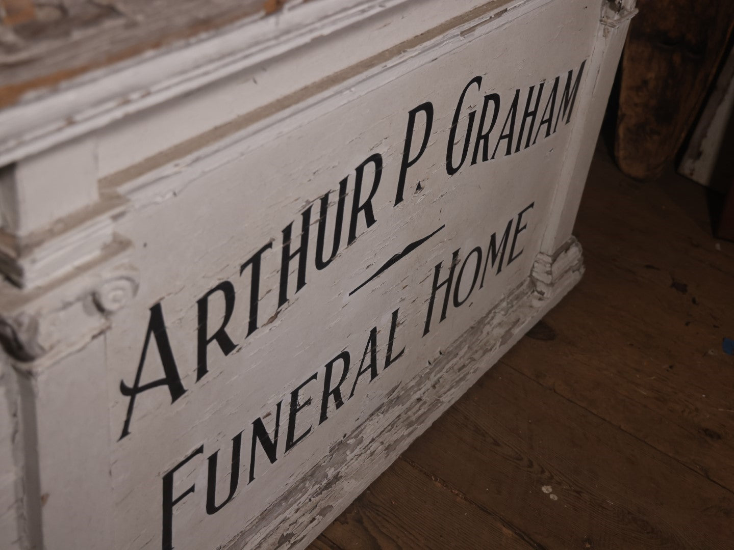 Vintage Hand Painted Wooden Sign From Arthur P. Graham Funeral Home, Woburn, Massachusetts, With Original Metal Ornamentation