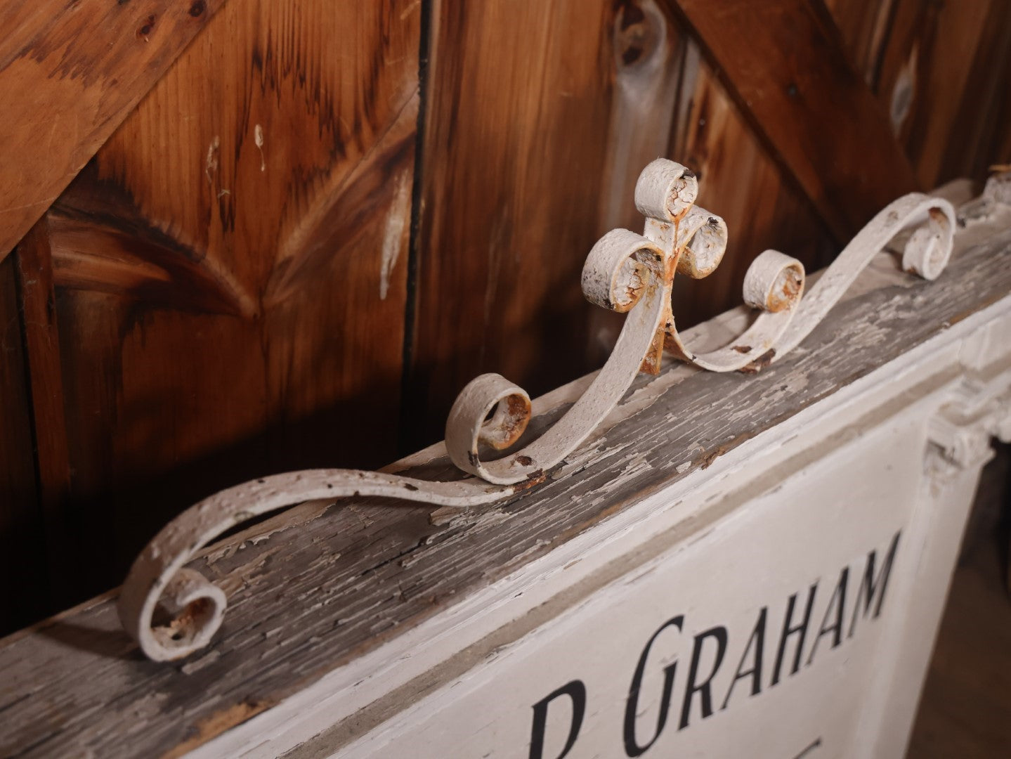 Vintage Hand Painted Wooden Sign From Arthur P. Graham Funeral Home, Woburn, Massachusetts, With Original Metal Ornamentation