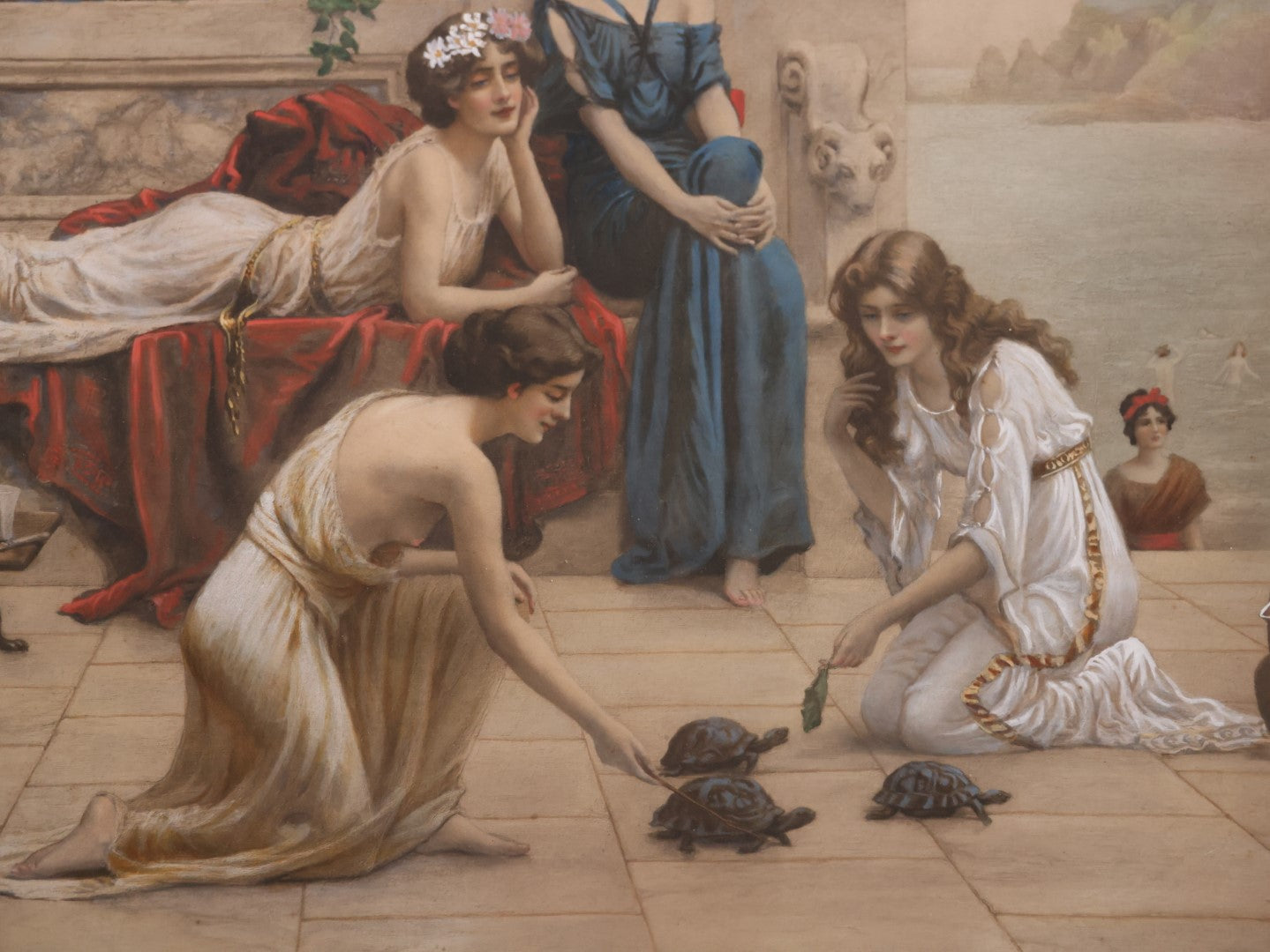 Oversized English Print Of Women Racing Turtles, Titled "Idle Hours," Print After William Hounsom Byles (British, 1872 - 1916), Published By Raphael Tuck & Sons Limited, 1900