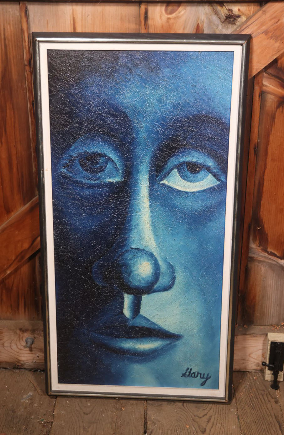 Oversized Vintage Oil On Board Painting Of A Blue Face, Signed Gary, In Frame