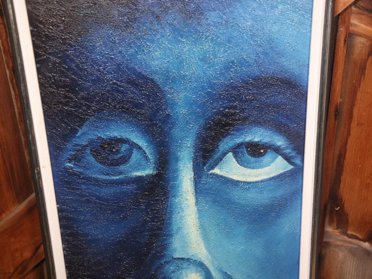 Oversized Vintage Oil On Board Painting Of A Blue Face, Signed Gary, In Frame