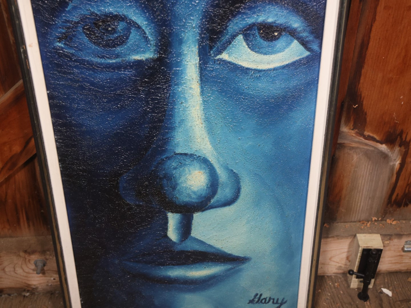 Oversized Vintage Oil On Board Painting Of A Blue Face, Signed Gary, In Frame