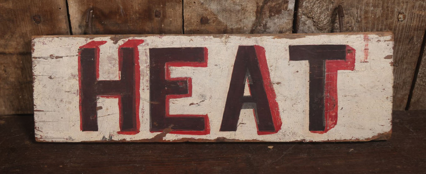 Vintage Hand Painted Double Sided Wooden "Heat" Sign With Hanging Hooks, 