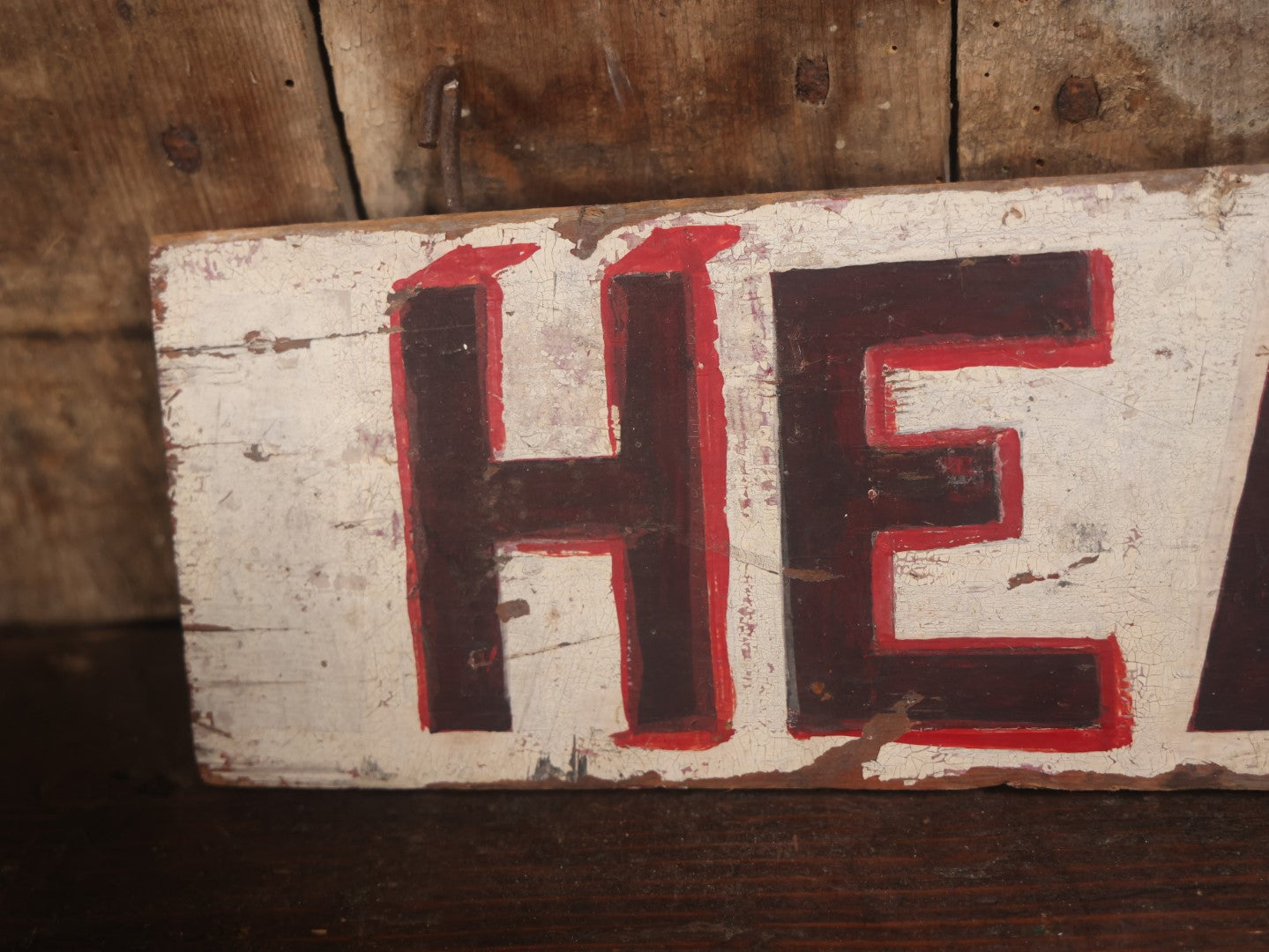 Vintage Hand Painted Double Sided Wooden "Heat" Sign With Hanging Hooks, 