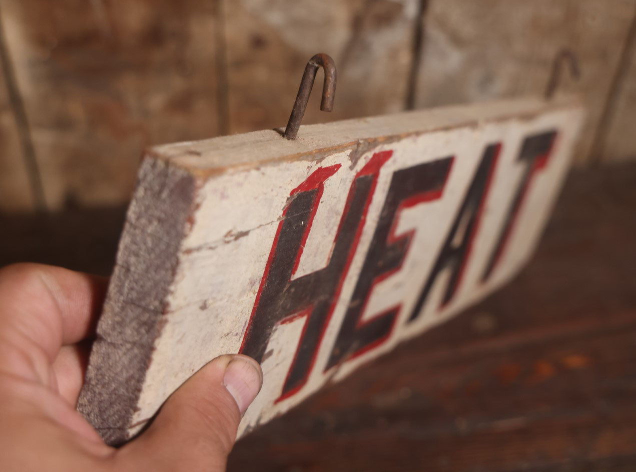 Vintage Hand Painted Double Sided Wooden "Heat" Sign With Hanging Hooks, 