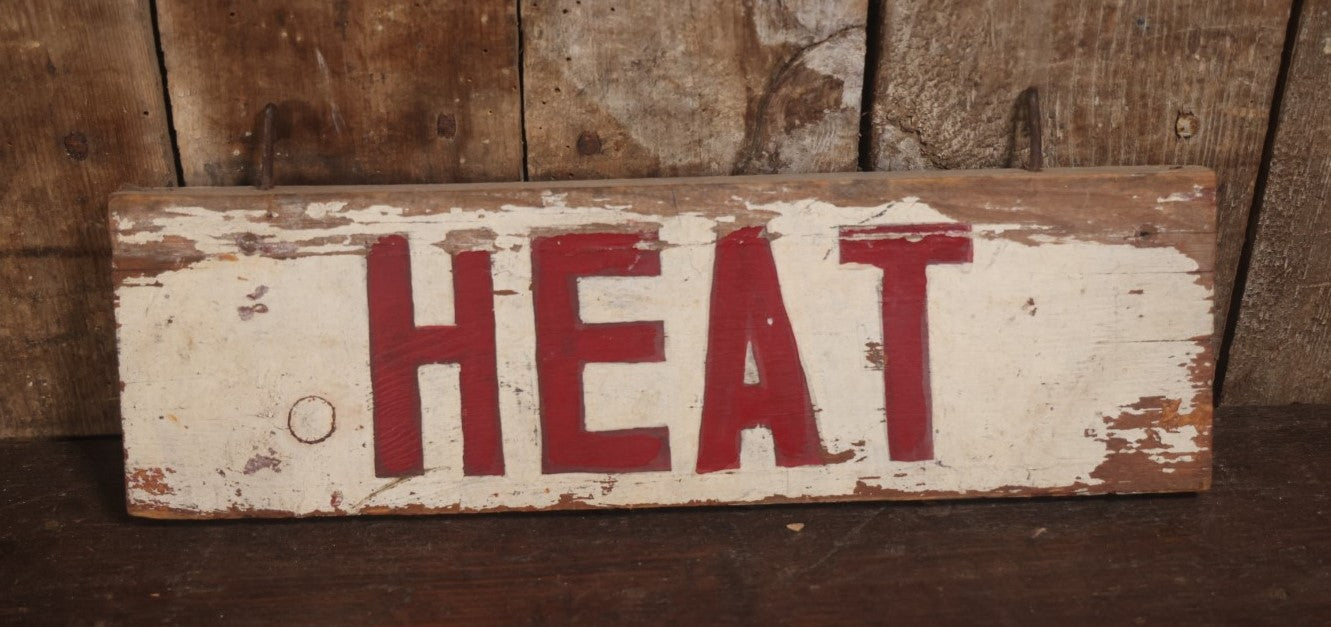 Vintage Hand Painted Double Sided Wooden "Heat" Sign With Hanging Hooks, 