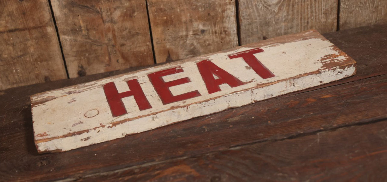 Vintage Hand Painted Double Sided Wooden "Heat" Sign With Hanging Hooks, 