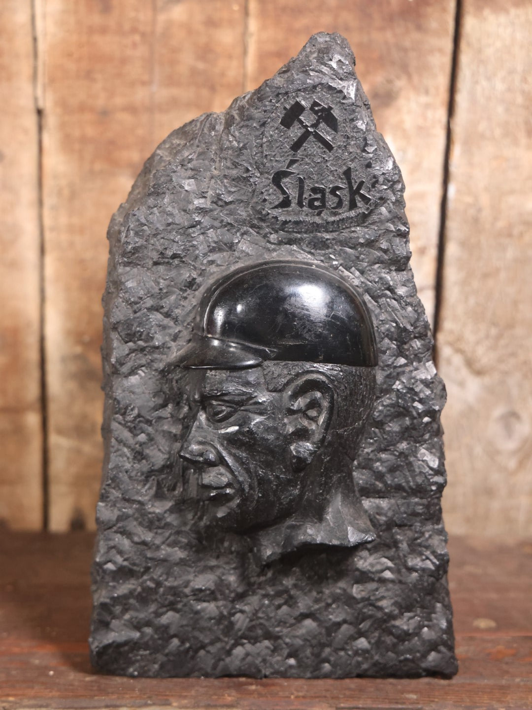 Carved Wooden "Slask" Black Sculpture, Silesia, Poland, With Crossed Hammer, Miner, Laborer, Possible Memorial Art For The 2009 Wujek-Śląsk Mine Blast