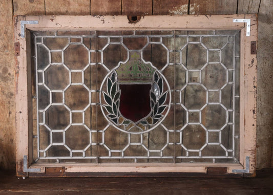 Antique Leaded Stained Glass Window With Red Shield At Center, Reinforced With Brackets, No Cracks, Ornate Green Panel, Wood Frame