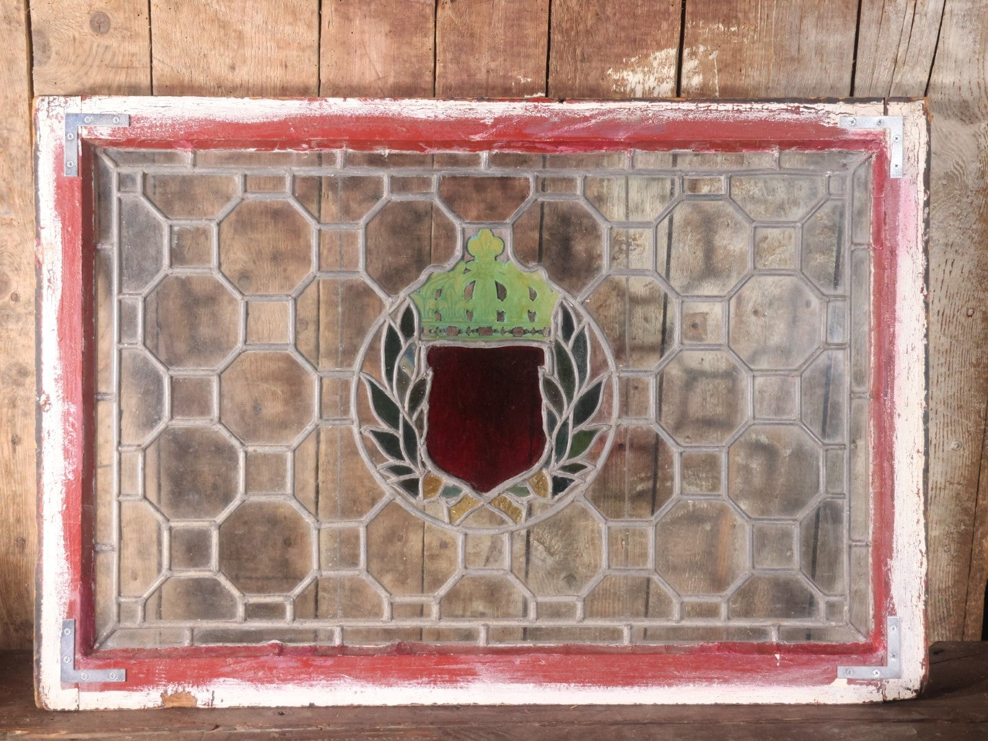 Antique Leaded Stained Glass Window With Red Shield At Center, Reinforced With Brackets, No Cracks, Ornate Green Panel, Wood Frame