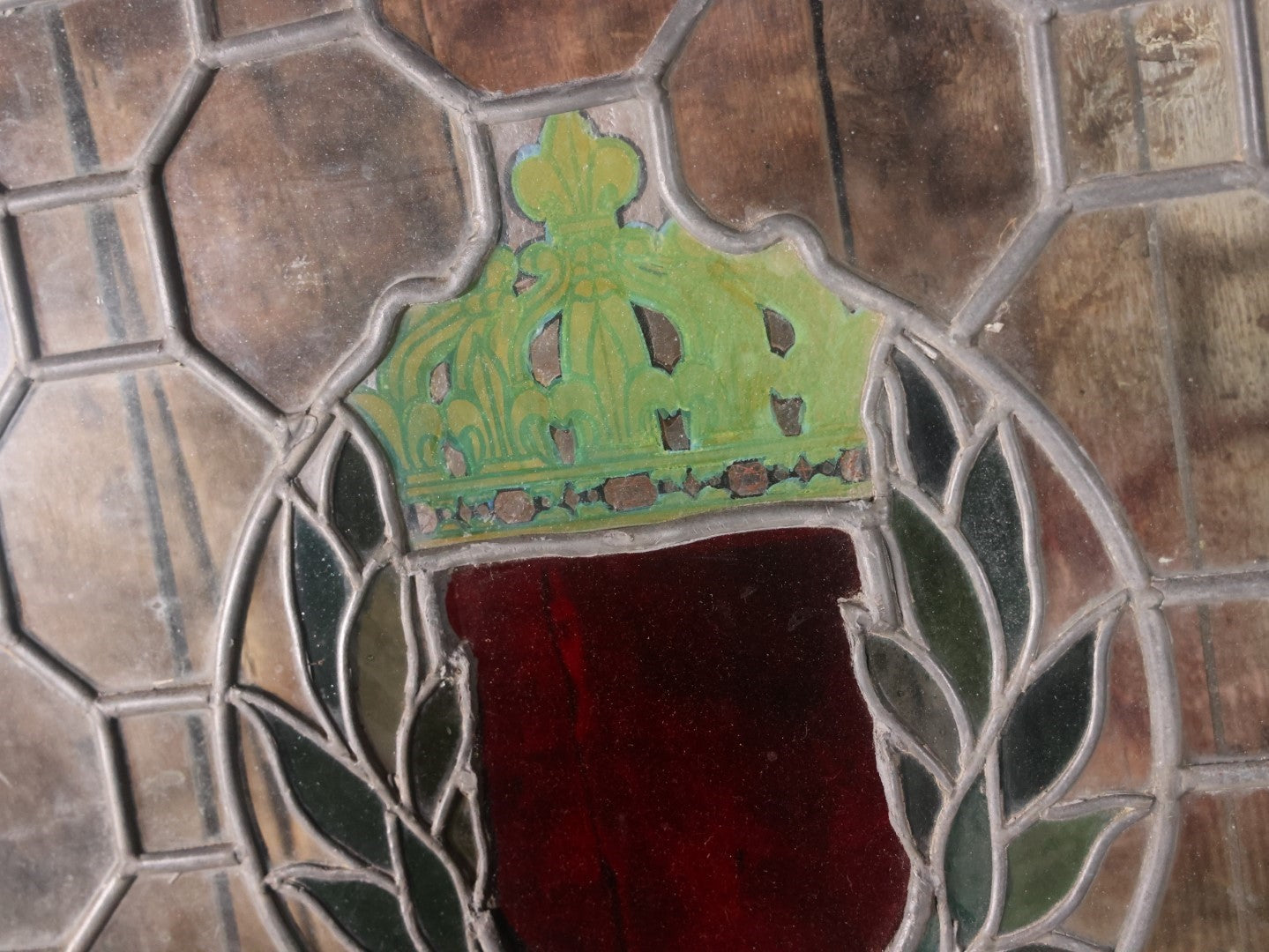 Antique Leaded Stained Glass Window With Red Shield At Center, Reinforced With Brackets, No Cracks, Ornate Green Panel, Wood Frame