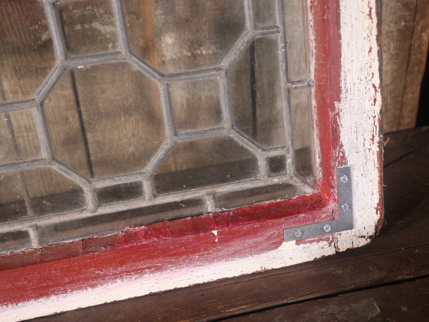 Antique Leaded Stained Glass Window With Red Shield At Center, Reinforced With Brackets, No Cracks, Ornate Green Panel, Wood Frame