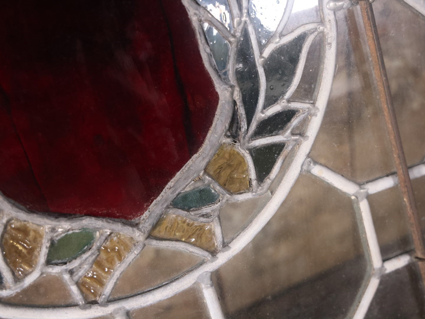 Antique Leaded Stained Glass Window With Red Shield At Center, Reinforced With Brackets, No Cracks, Ornate Green Panel, Wood Frame