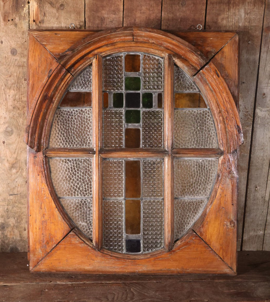 Antique Leaded Stained Glass Window With Cross, Green, Yellow, Blue Glass, Bubbled Clear Panels, With Window Frame, Re-Caulked On Back, No Cracks