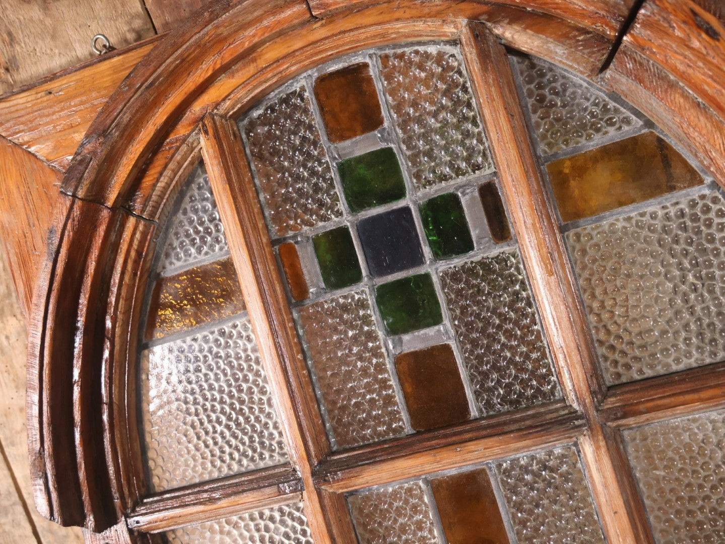 Antique Leaded Stained Glass Window With Cross, Green, Yellow, Blue Glass, Bubbled Clear Panels, With Window Frame, Re-Caulked On Back, No Cracks