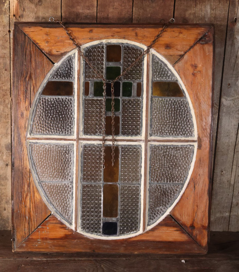 Antique Leaded Stained Glass Window With Cross, Green, Yellow, Blue Glass, Bubbled Clear Panels, With Window Frame, Re-Caulked On Back, No Cracks