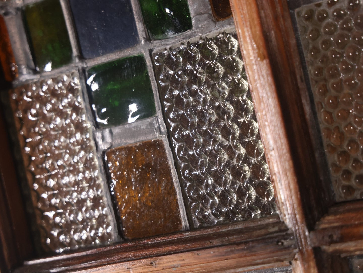 Antique Leaded Stained Glass Window With Cross, Green, Yellow, Blue Glass, Bubbled Clear Panels, With Window Frame, Re-Caulked On Back, No Cracks