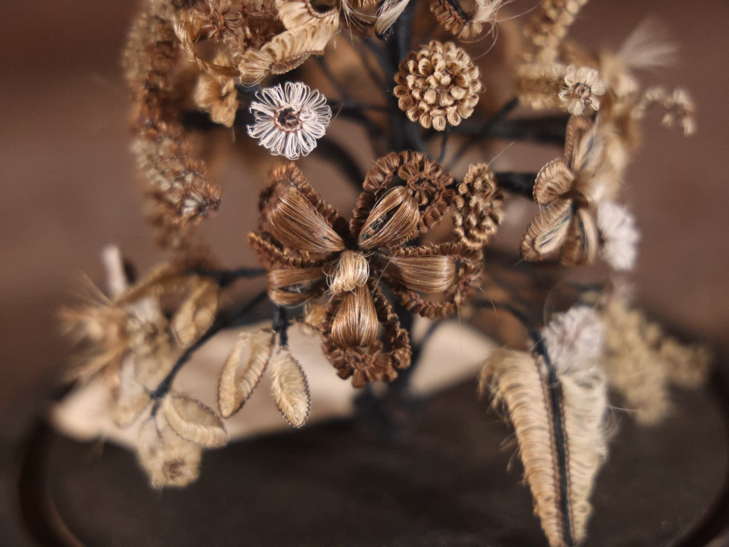 Victorian Human Hair Tree In Glass Cloche Dome With Provenance, Done By Isabella Upham Morse (1849-1927), Containing Hair Of The Upham Family, Circa 1895