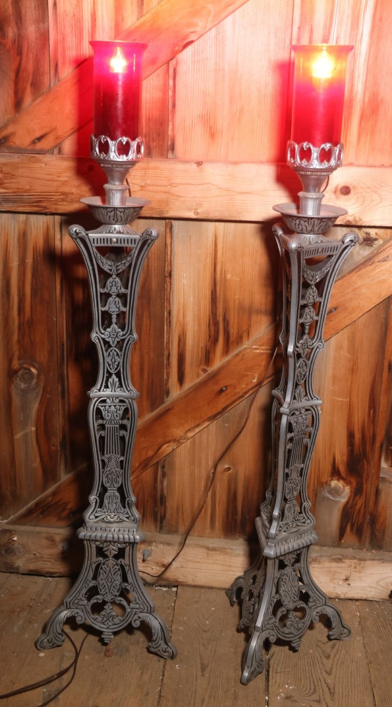 Pair Of Antique Gothic Funeral Home Cast Metal Floor Lamps With Red Glass Shades, Working Condition